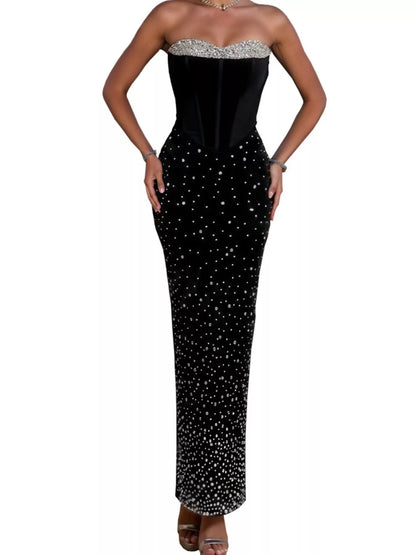 Rhinestone Slit Back Tube Maxi Dress