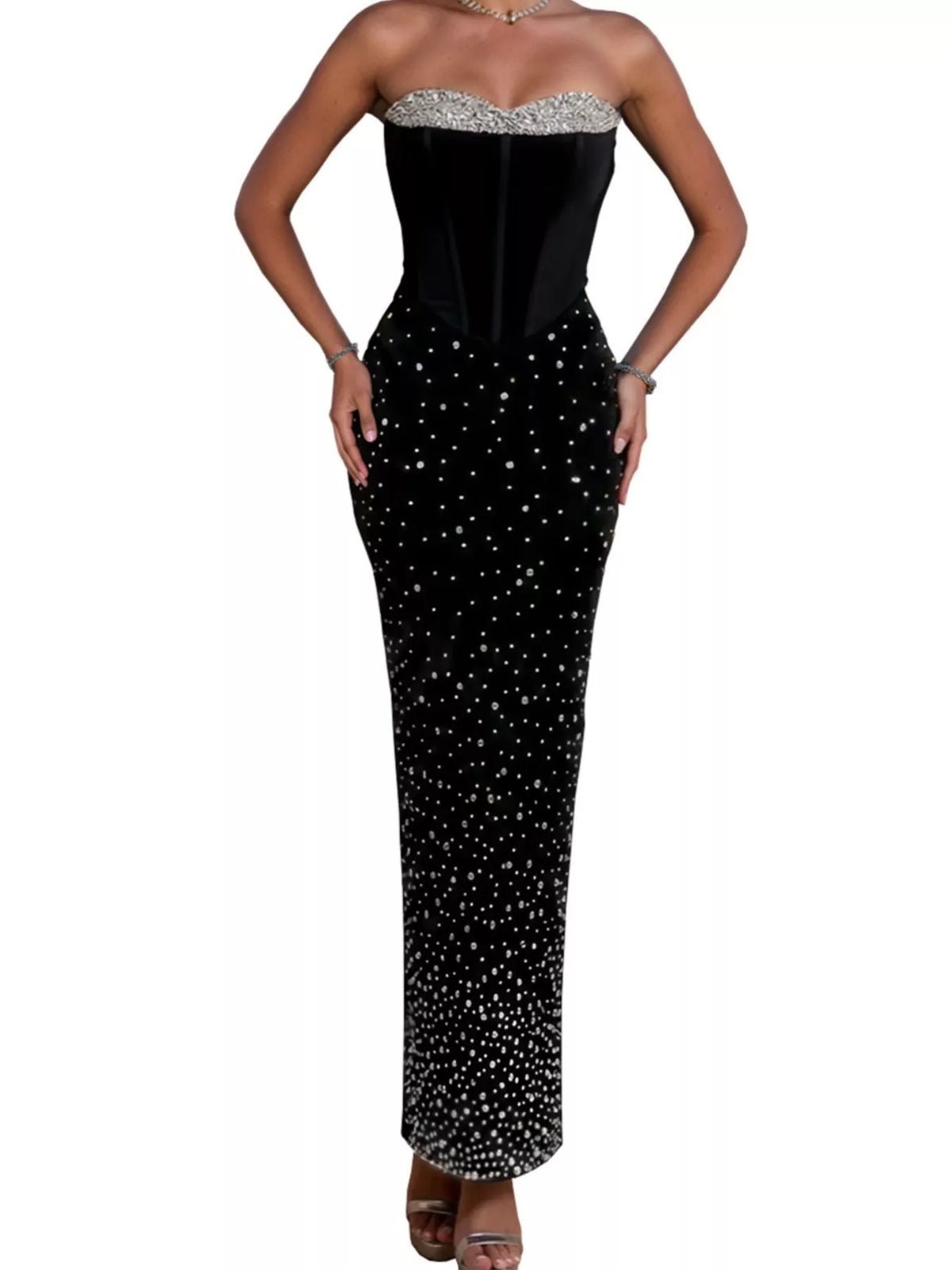 Rhinestone Slit Back Tube Maxi Dress