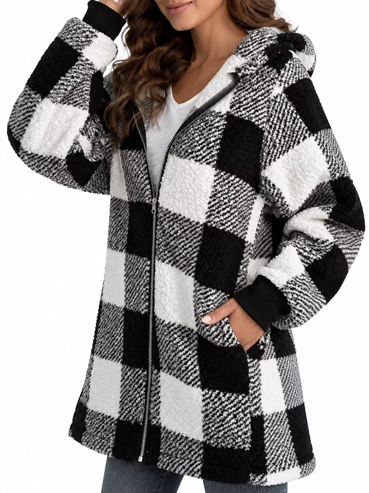 Women's plaid sherpa hooded zip-up jacket, S to 5XL