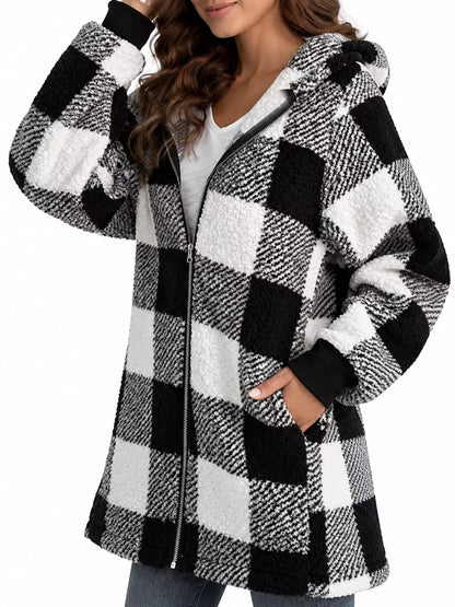 Plus size plaid sherpa hooded jacket, L to 5XL, 8 colors