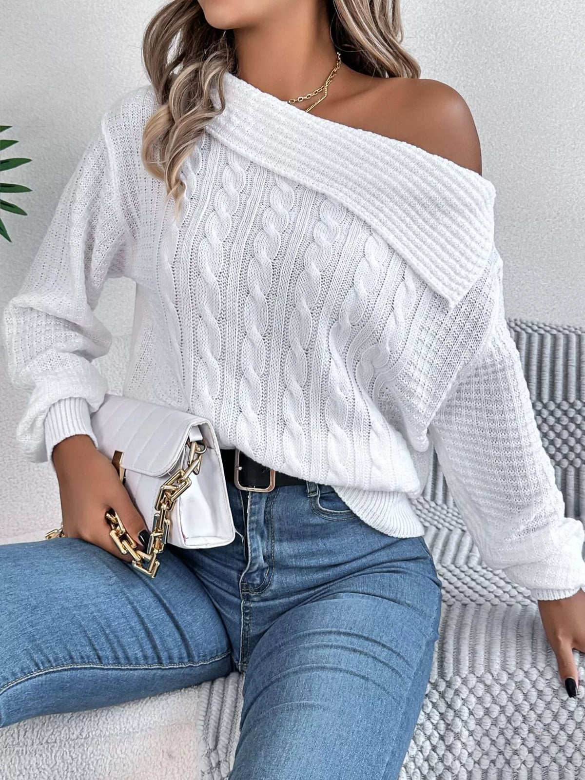 One-shoulder cable knit sweater, view 2
