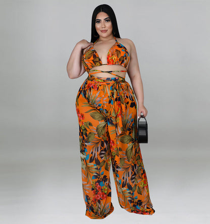 Plus Size Vacation Print Three Piece Set