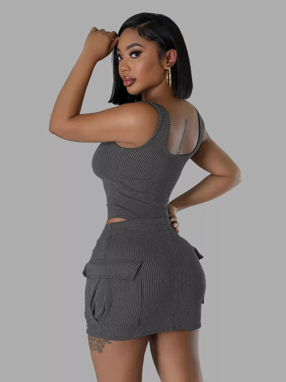Ribbed Knit Bodysuit and Drawstring Skirt Set