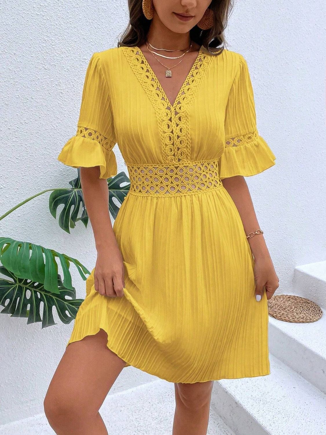 V-Neck Flounce Sleeve Mini Dress