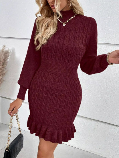 Belted cable knit mock neck sweater dress with ruffle hem