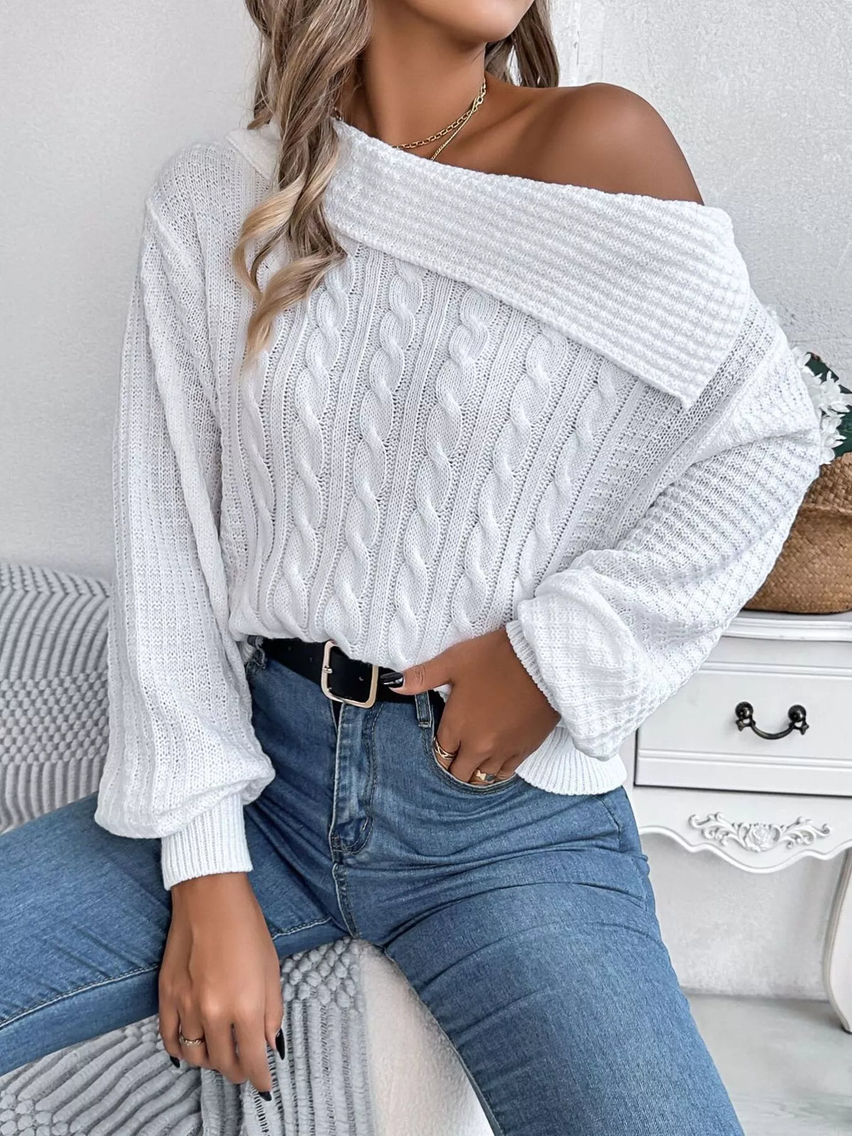 One-shoulder cable knit sweater, view 3