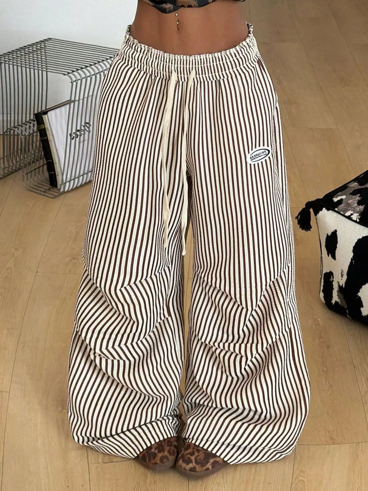 High-Waisted Striped Wide-Leg Cargo Pants