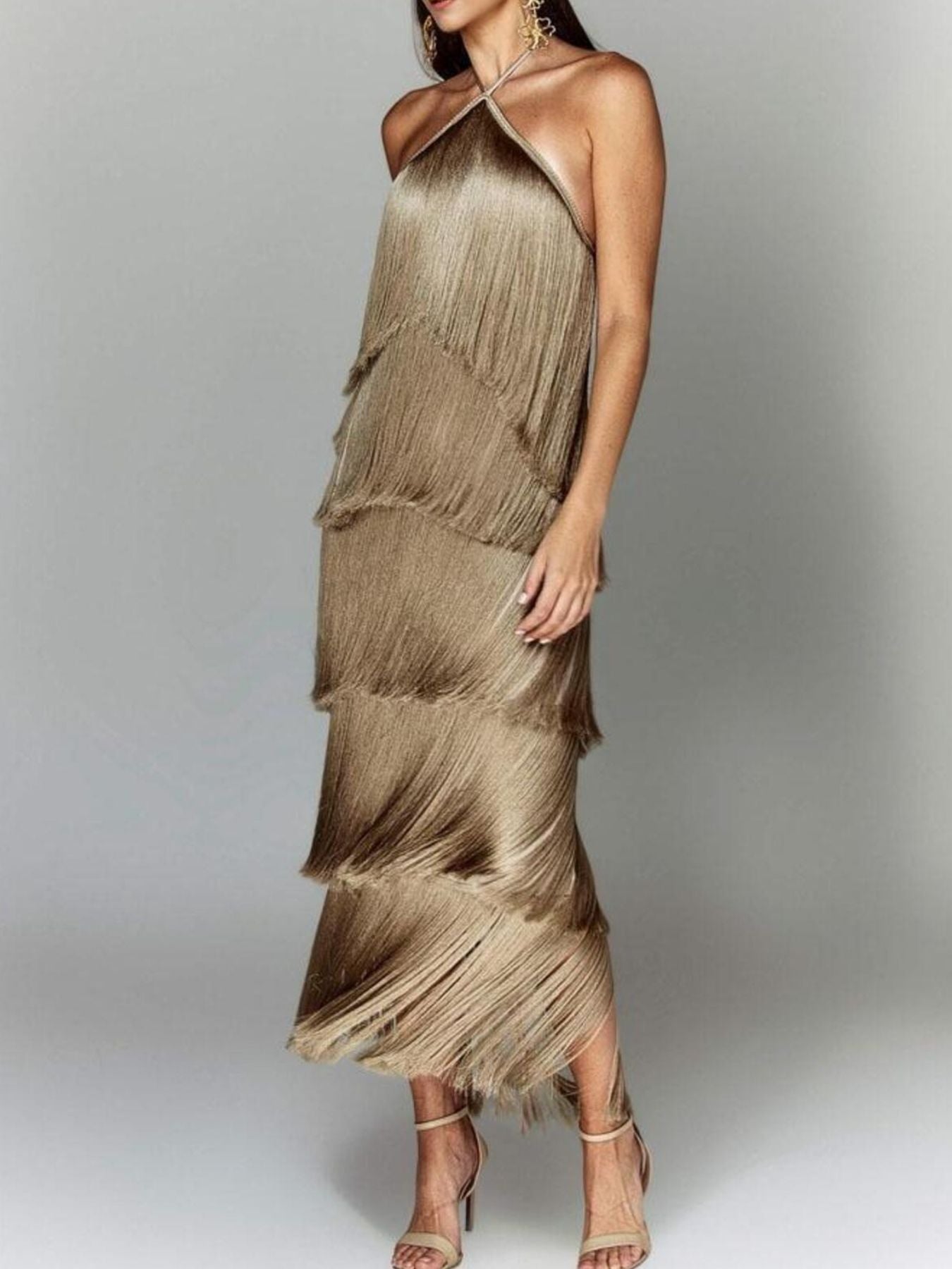 Fringe Halter Neck Maxi Dress