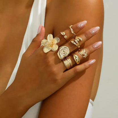 8-piece bohemian gold flower ring set, 18K gold-plated