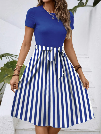 Striped Round Neck Short Sleeve Dress
