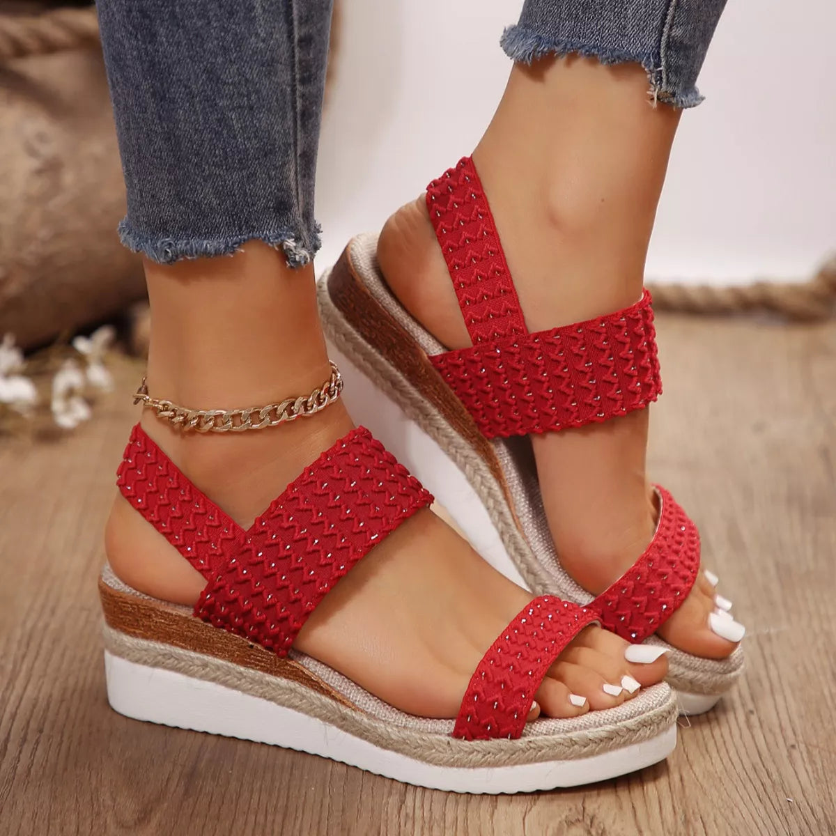 Woven Elastic Strap Wedge Sandals