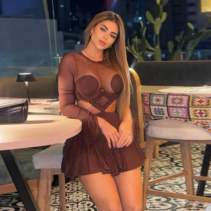 Mesh splicing perspective long sleeved dress