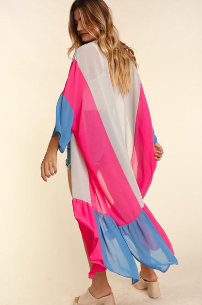 Plus Size Color Block Kimoni Maxi Open Cardigan