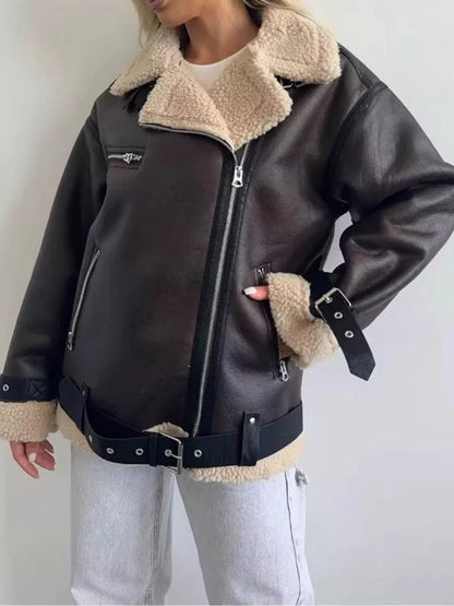 Dark brown faux leather jacket, view 3