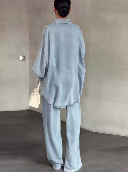Wash Button Up Shirt and Wide-Leg Pants Denim Set