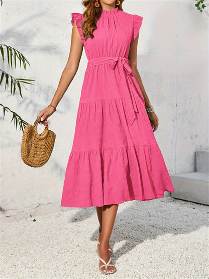 Ruffled Cap Sleeve Midi Mock Dress