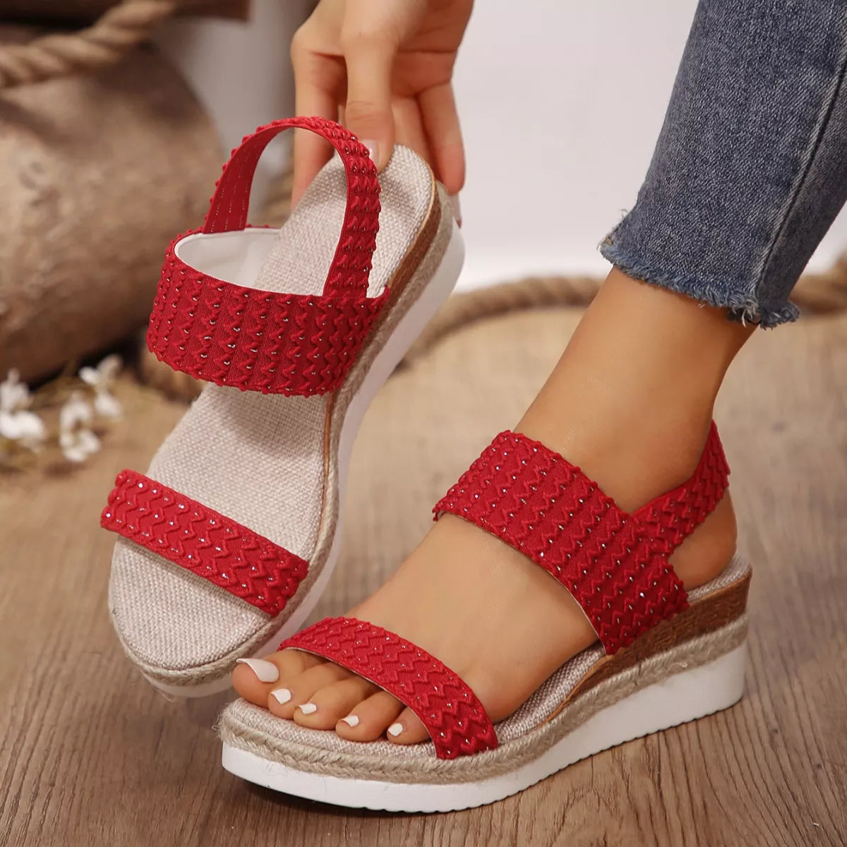 Woven Elastic Strap Wedge Sandals