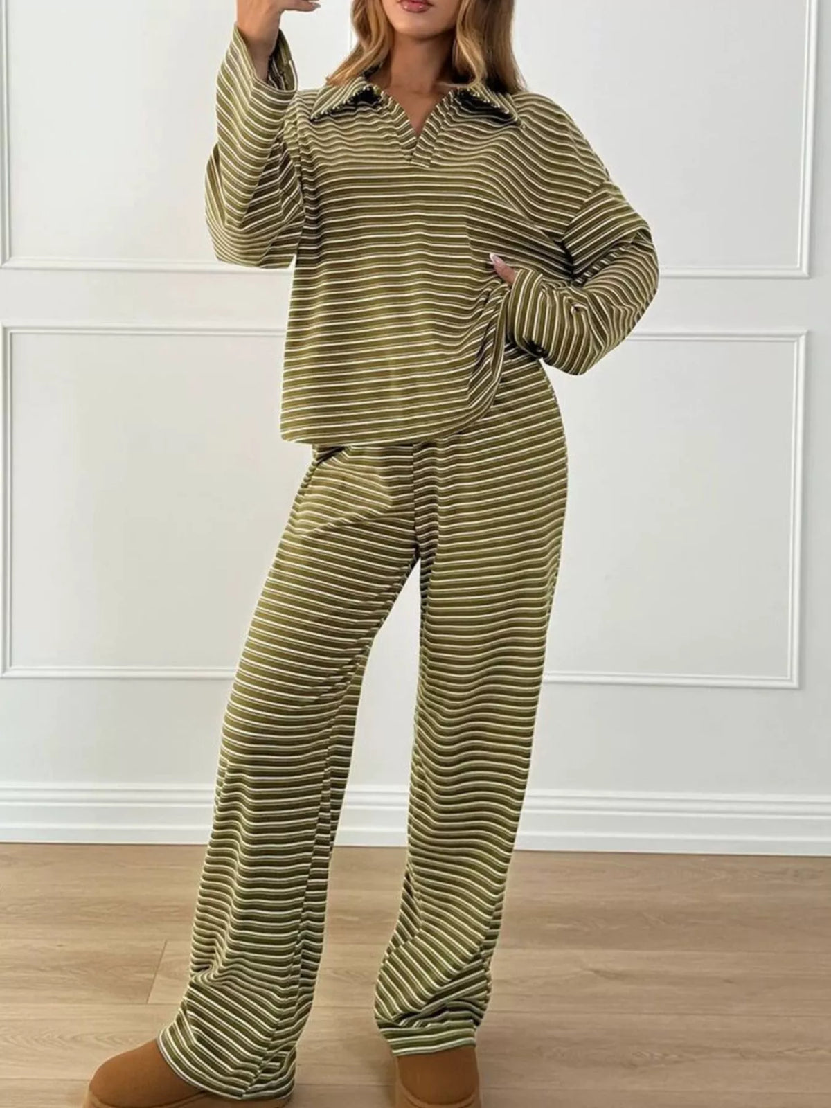 Plus Size Striped Polo Top & Wide-Leg Pants Set