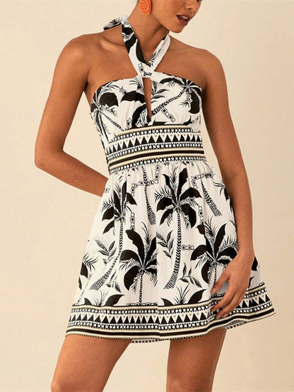 Palm print halter mini dress, view 4