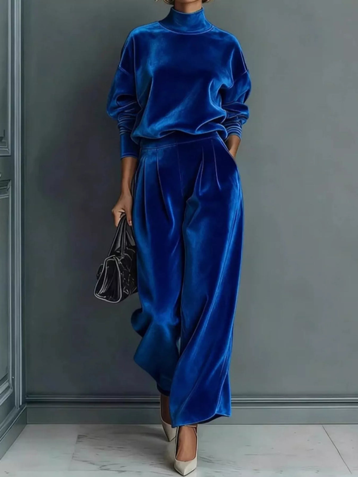 Velvet mock neck top and pants set, view 3