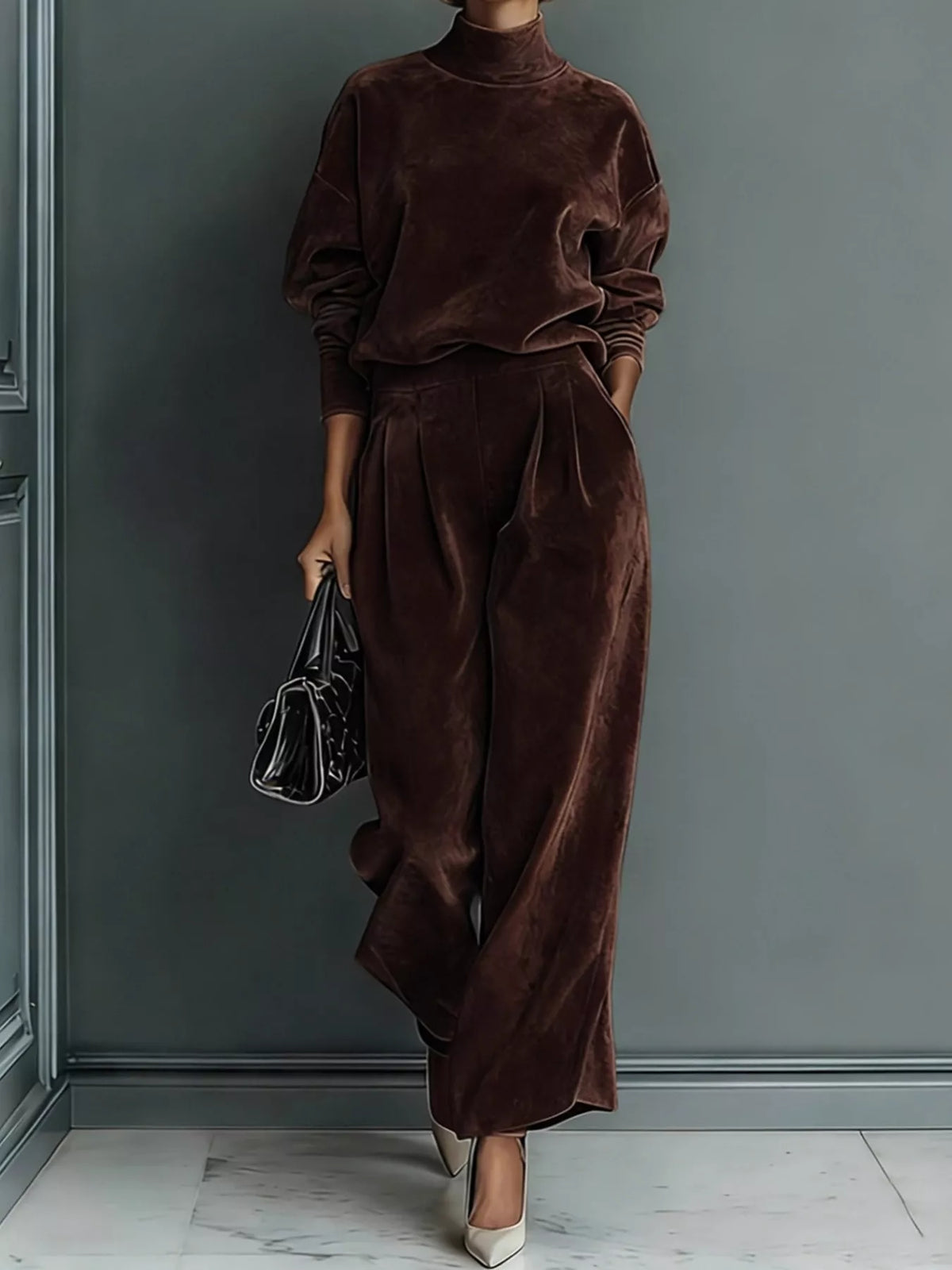 Plus size velvet mock neck set, view 11