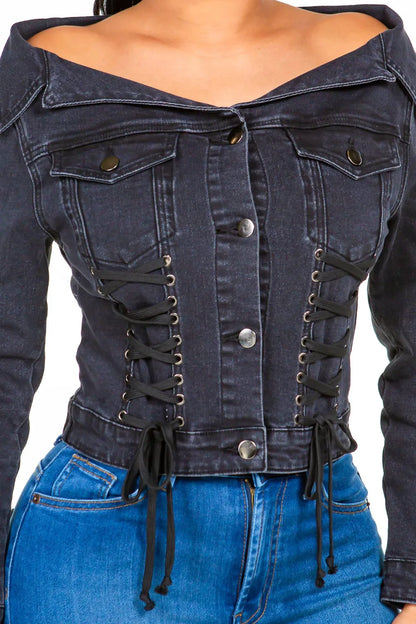 American Off Shoulder Lace Up Denim Jacket