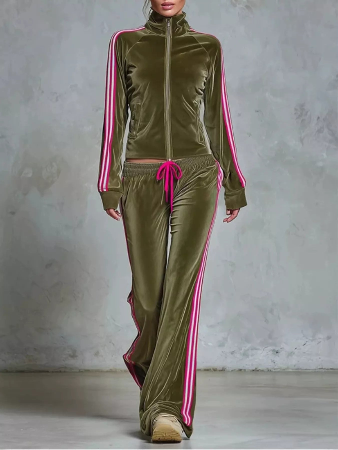 Striped Zip Up Outerwear and Pants Set