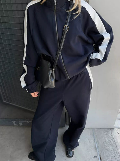 Contrast Side Stripe Zip Up Top and Pants Set