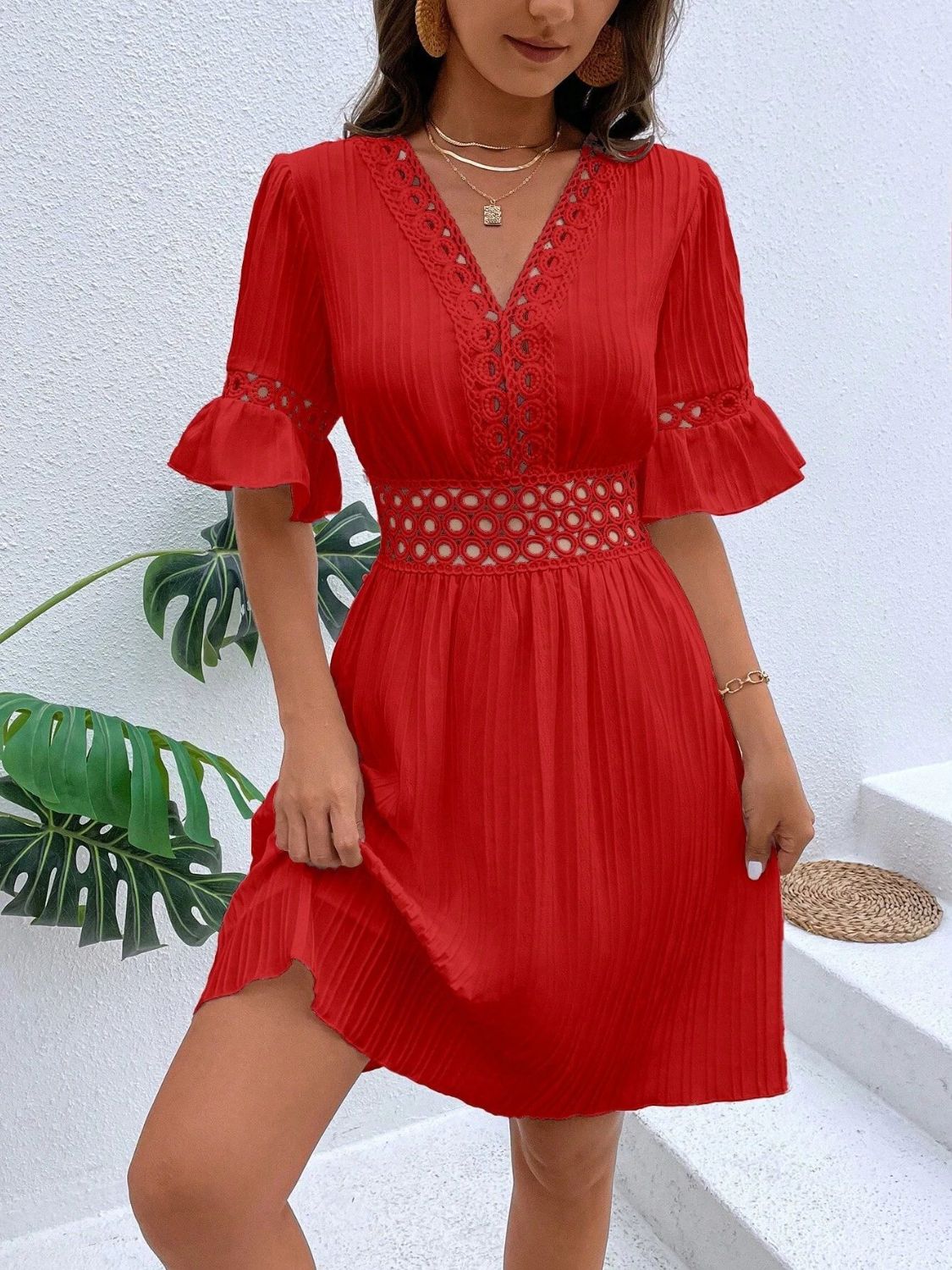 V-Neck Flounce Sleeve Mini Dress