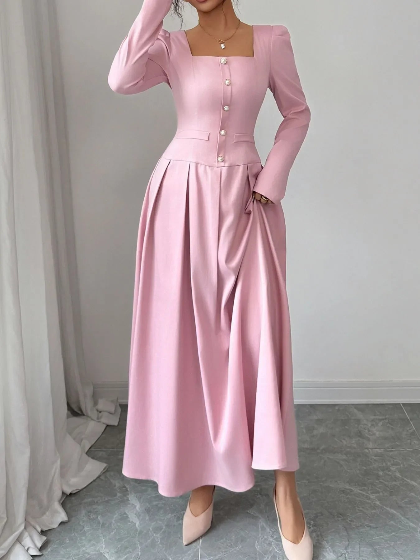 Square Neck Long Sleeve Maxi Dress