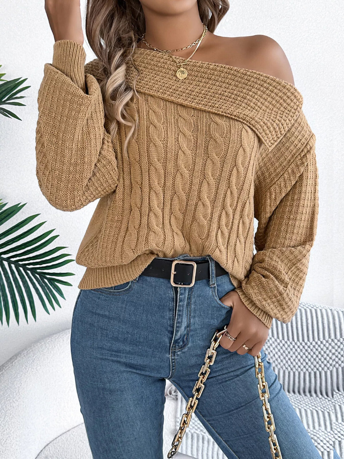 One Shoulder Cable Knit Sweater