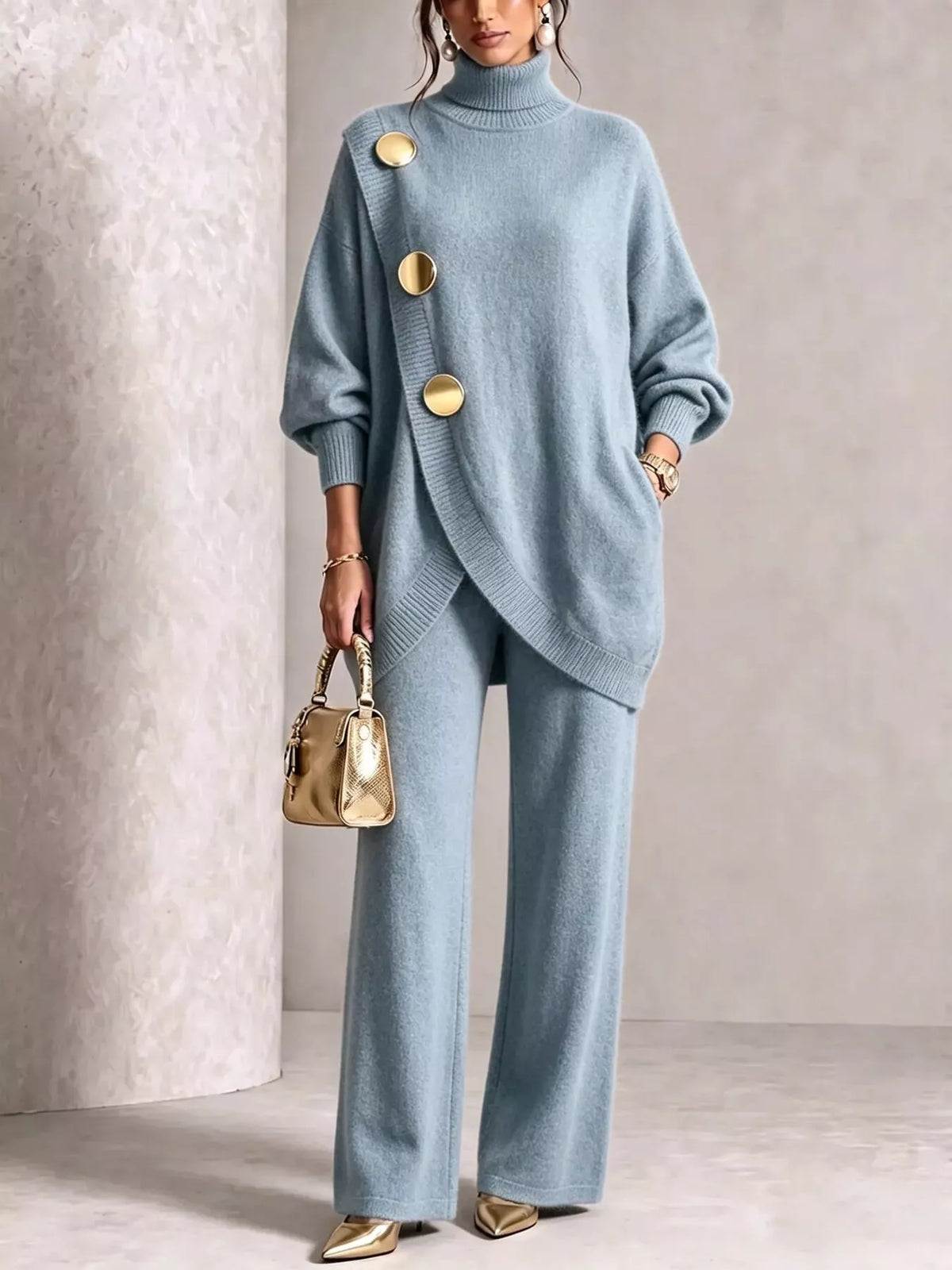 Gold button turtleneck set, view 5