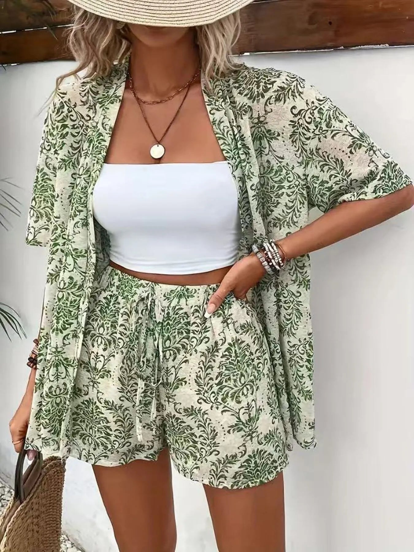 Printed Cardigan and Shorts Set