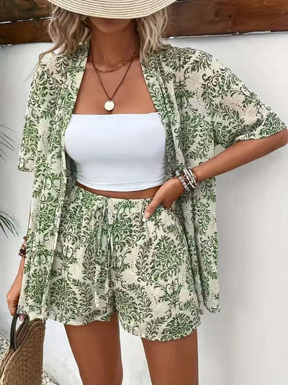 Printed Cardigan and Shorts Set