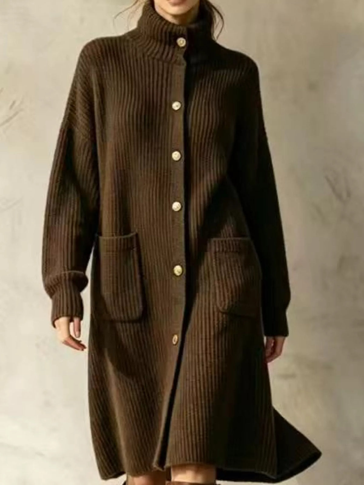 Ribbed turtleneck longline cardigan with buttons & pockets