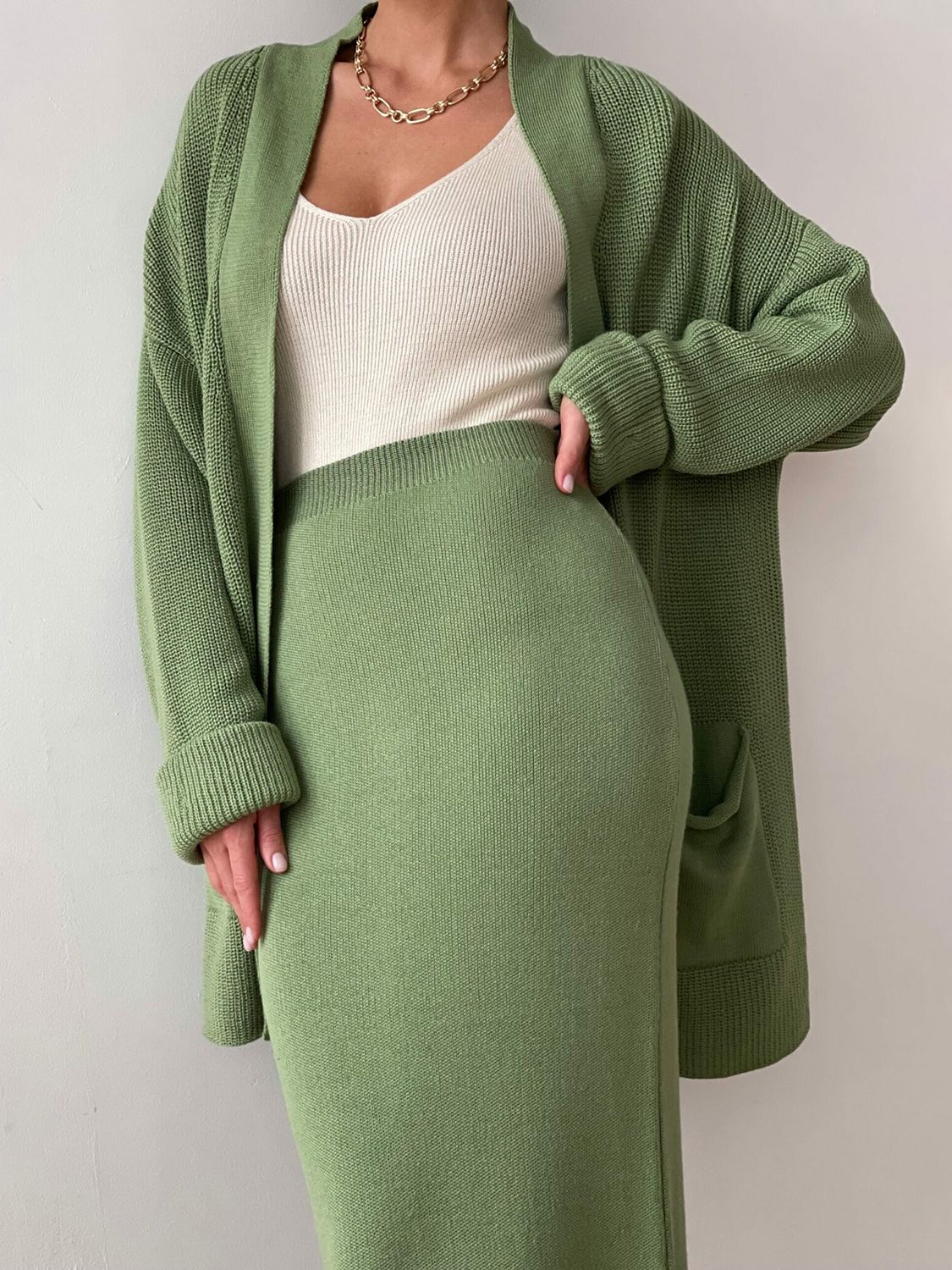 Pocketed Cardigan Skirt Set