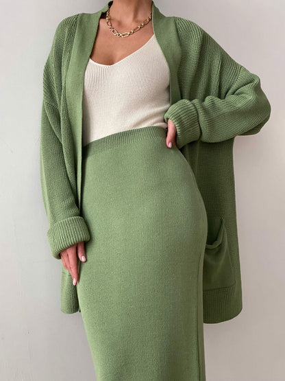 Pocketed Cardigan Skirt Set