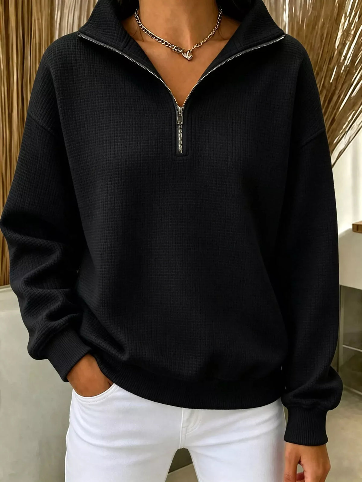 Full Size Waffle Knit Quarter-Zip Sweatshirt Plus Size