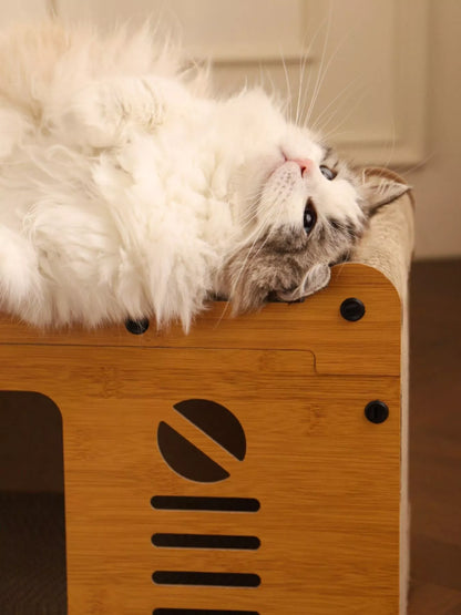 Wooden Cat House with Scratching Pad