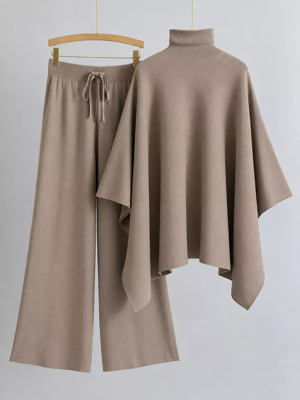 Turtleneck poncho sweater and pants set, view 3