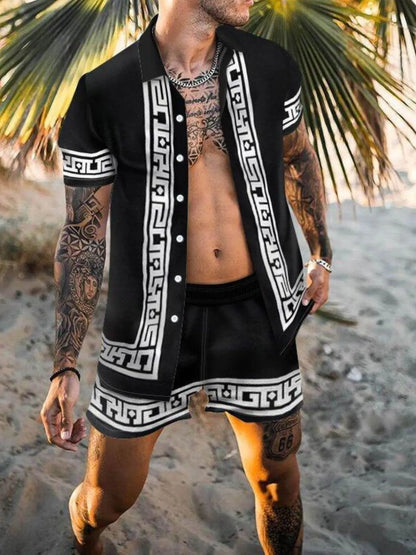 Men's Printed Button Up Top and Shorts Set