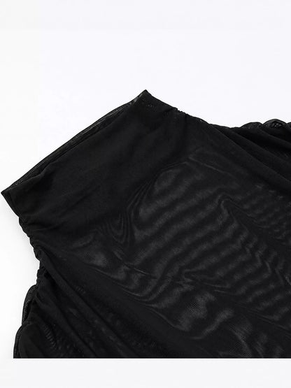 Plus Size Mock Neck Ruched Maxi Dress with Mesh Panels