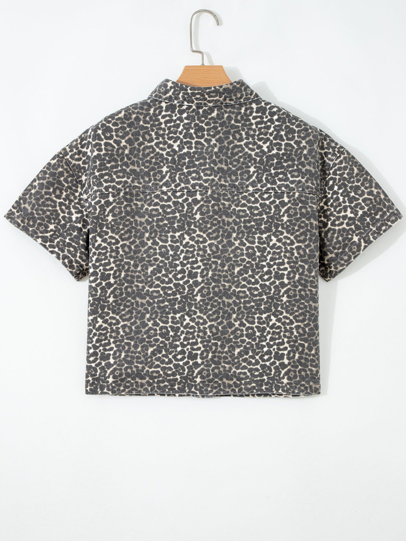 Leopard Print Short Sleeve Denim Shirt