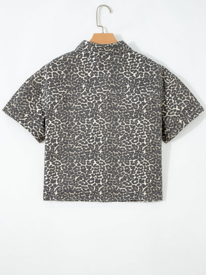Leopard Print Short Sleeve Denim Shirt