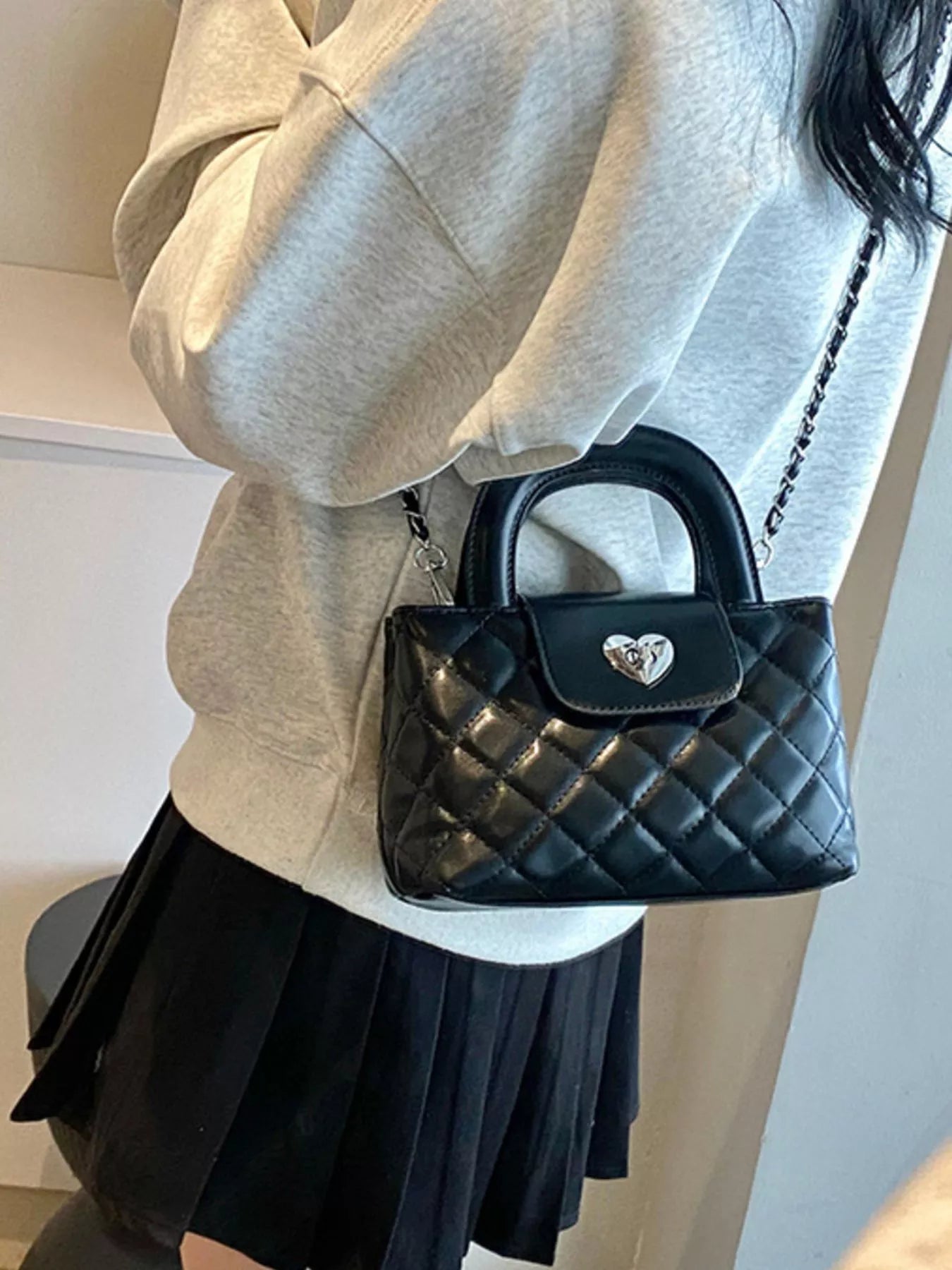 Quilted Heart Lock Crossbody Bag