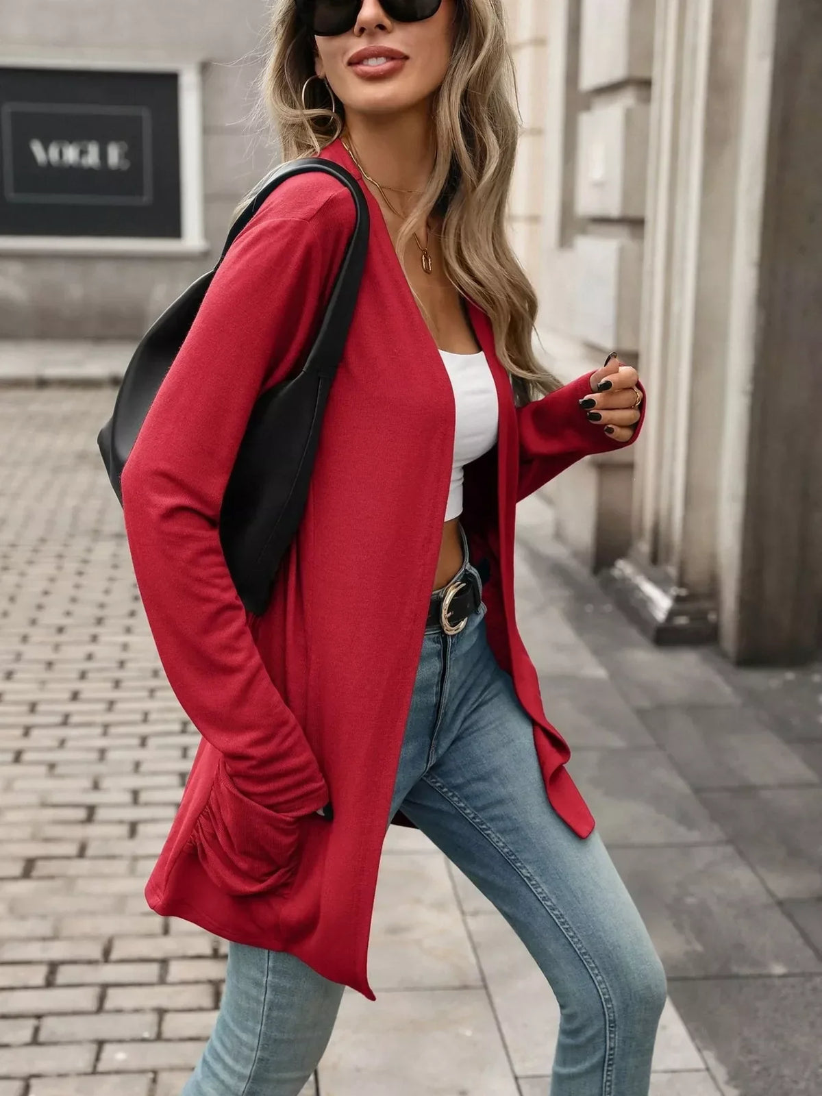 Ruched Pocket Open Front Cardigan