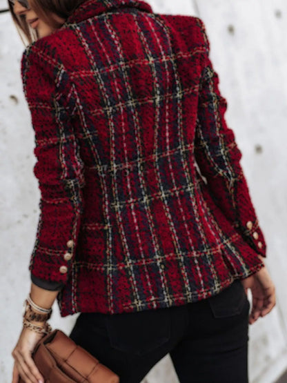 Plus Size Plaid Tweed Double-Breasted Blazer