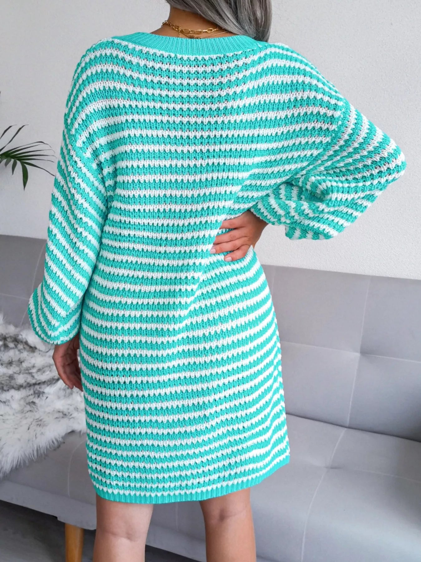 Striped V-Neck Long Sleeve Sweater Dress