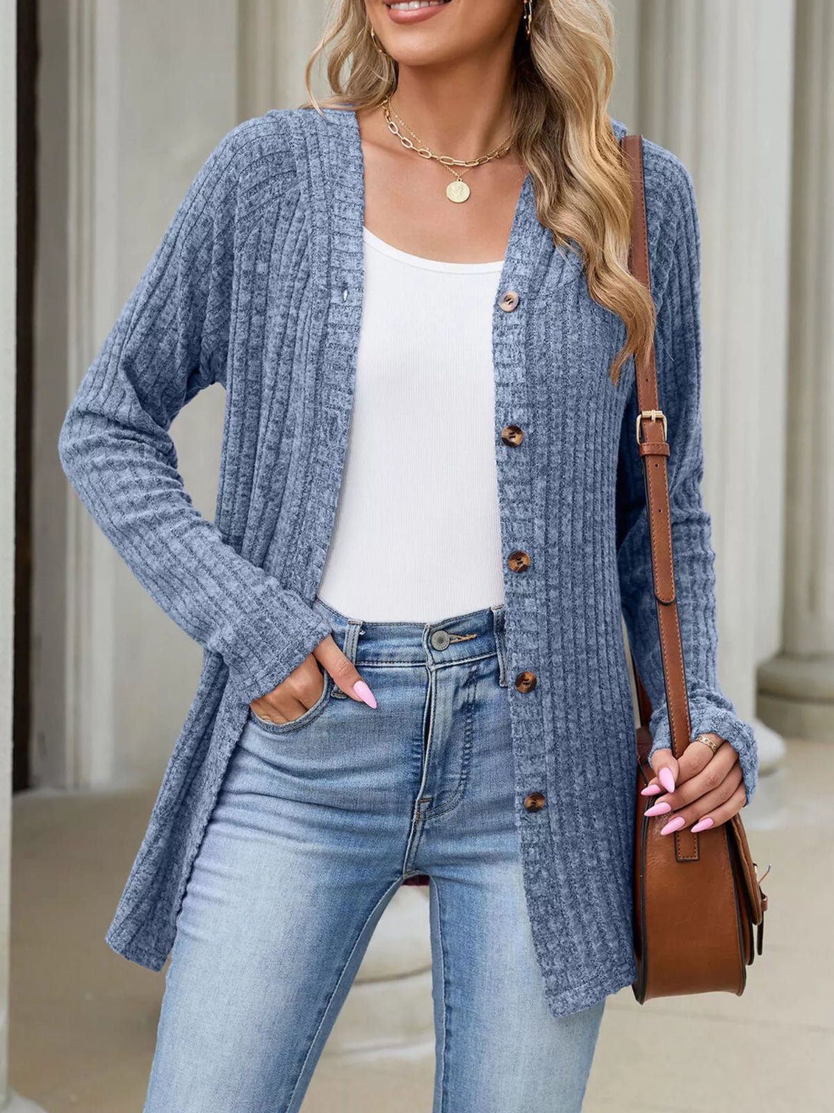 Ribbed Knit Hooded Button-Down Cardigan