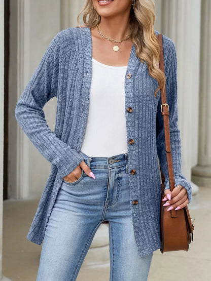 Ribbed Knit Hooded Button-Down Cardigan